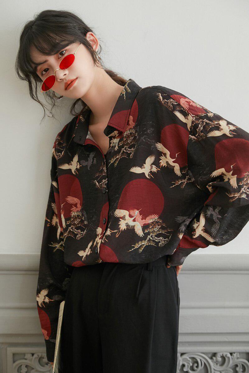 Bird Pattern Long Sleeve Shirt - KAYSMAR