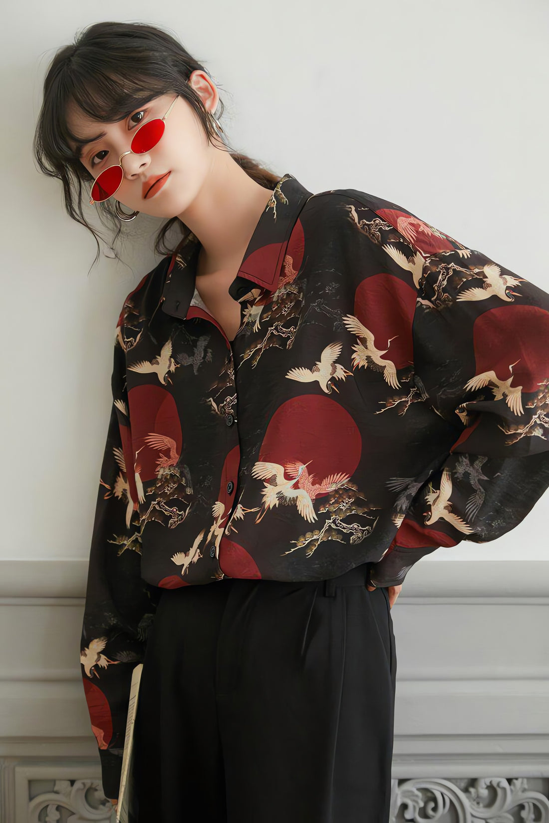 Bird Pattern Long Sleeve Shirt - KAYSMAR