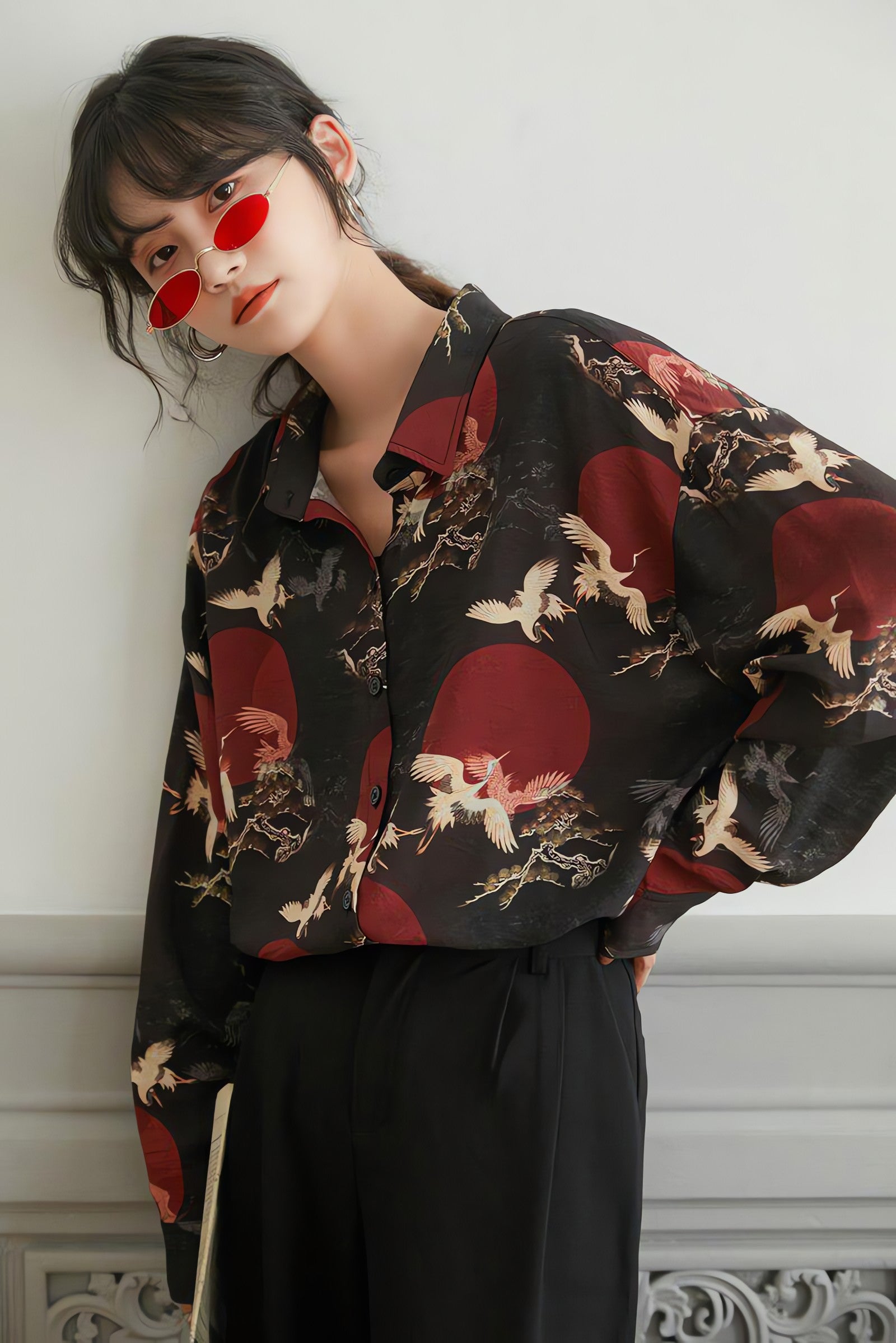 Bird Pattern Long Sleeve Shirt - KAYSMAR