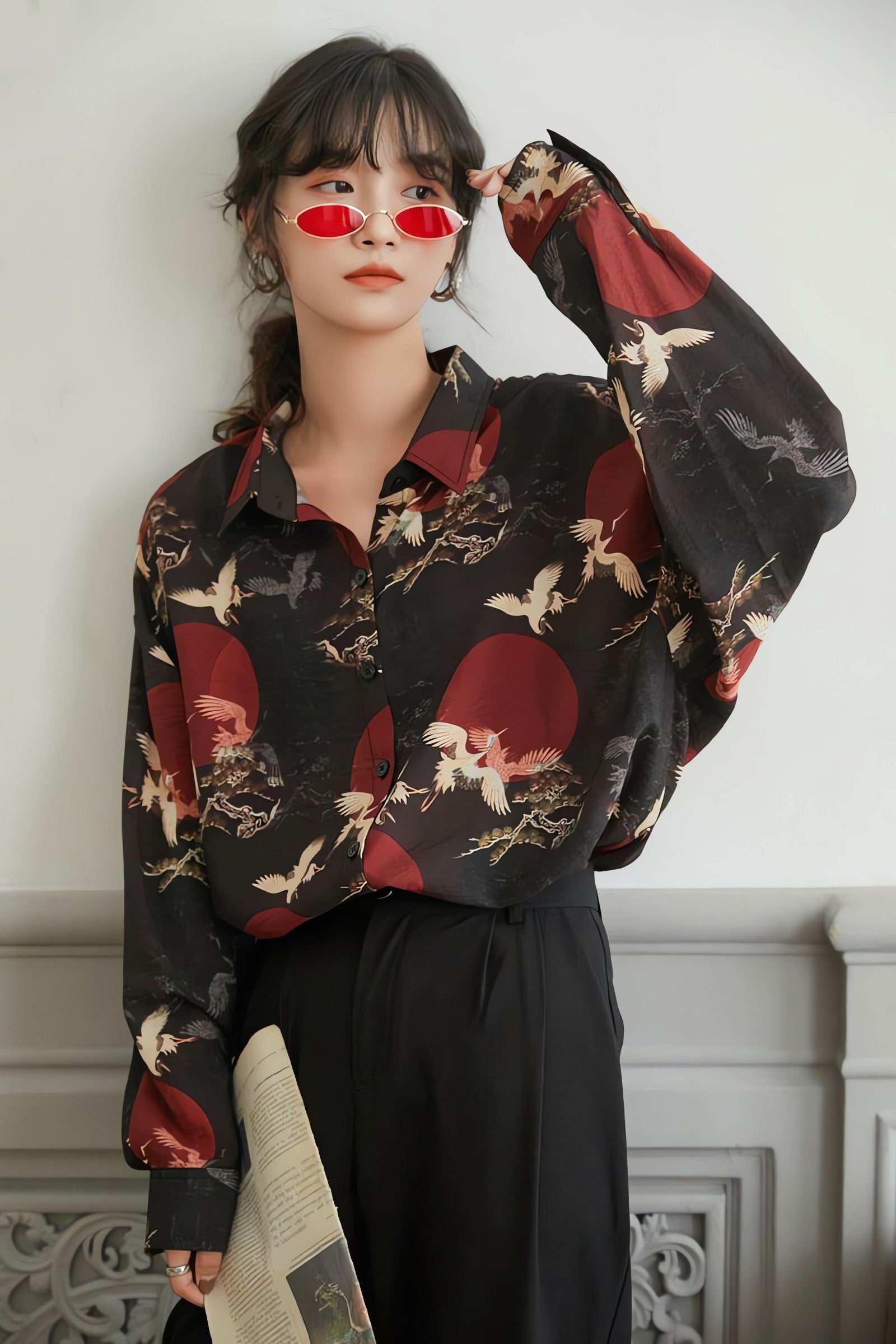 Bird Pattern Long Sleeve Shirt - KAYSMAR