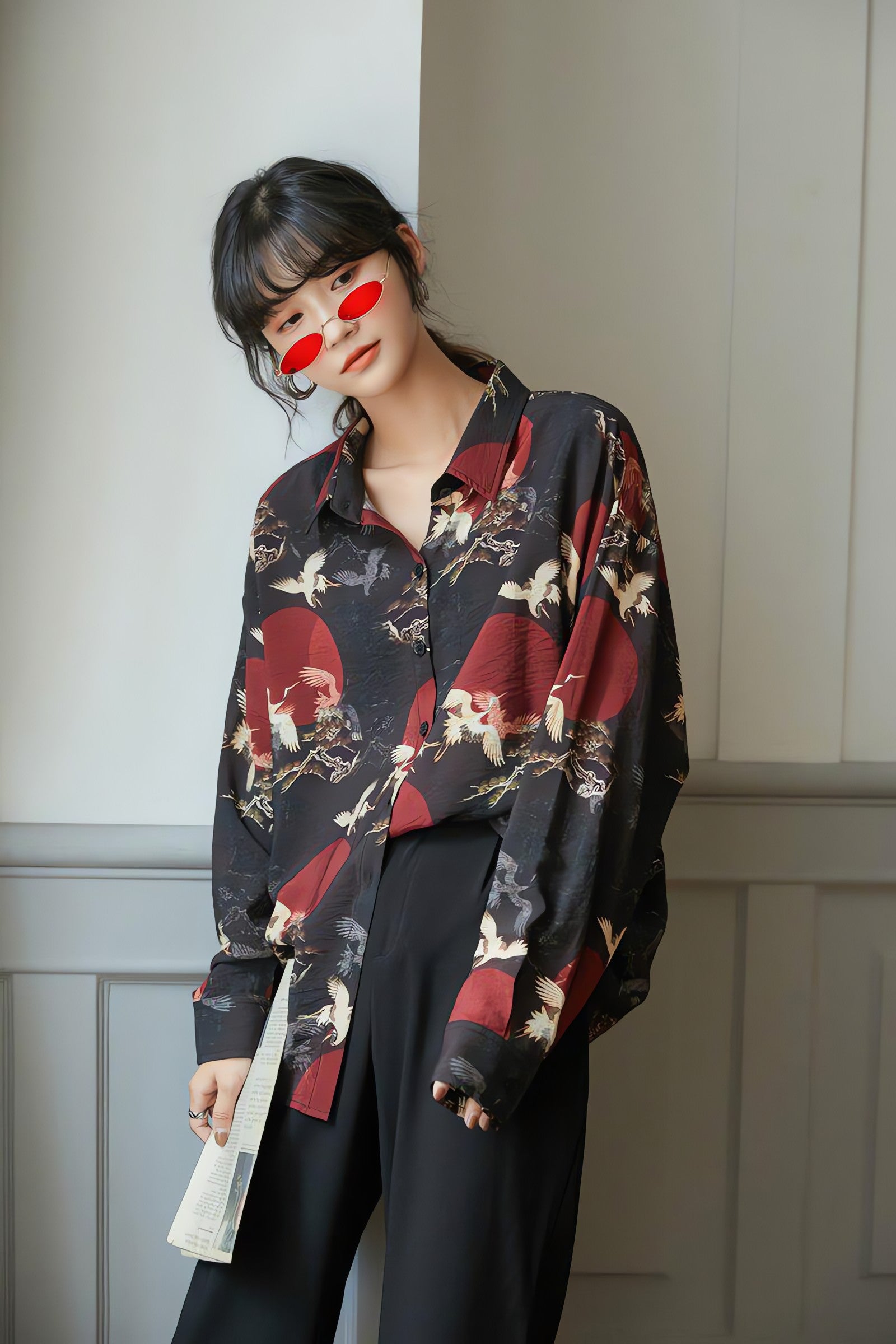 Bird Pattern Long Sleeve Shirt - KAYSMAR