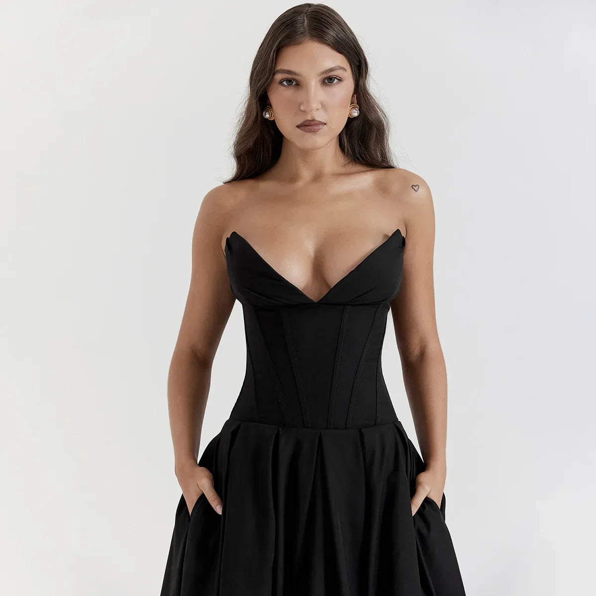 Black Plunge Corset Midi Dress - KAYSMAR