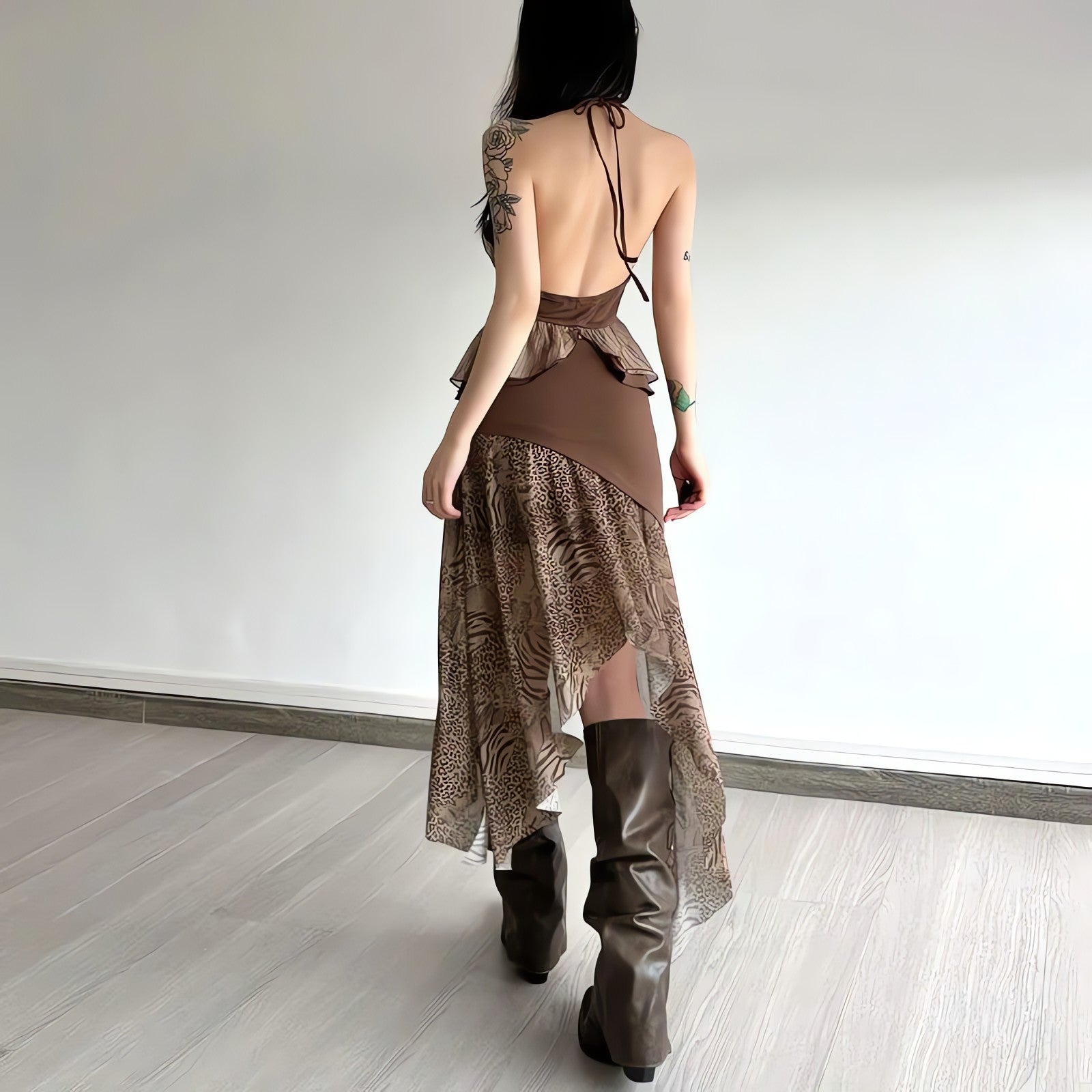 Boho Asymmetric Top & Leopard Midi Skirt Two Piece Set - KAYSMAR