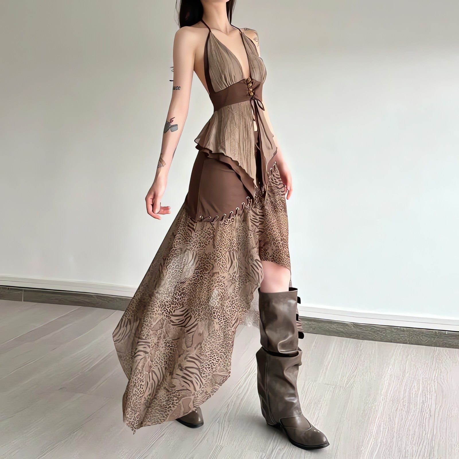 Boho Asymmetric Top & Leopard Midi Skirt Two Piece Set - KAYSMAR