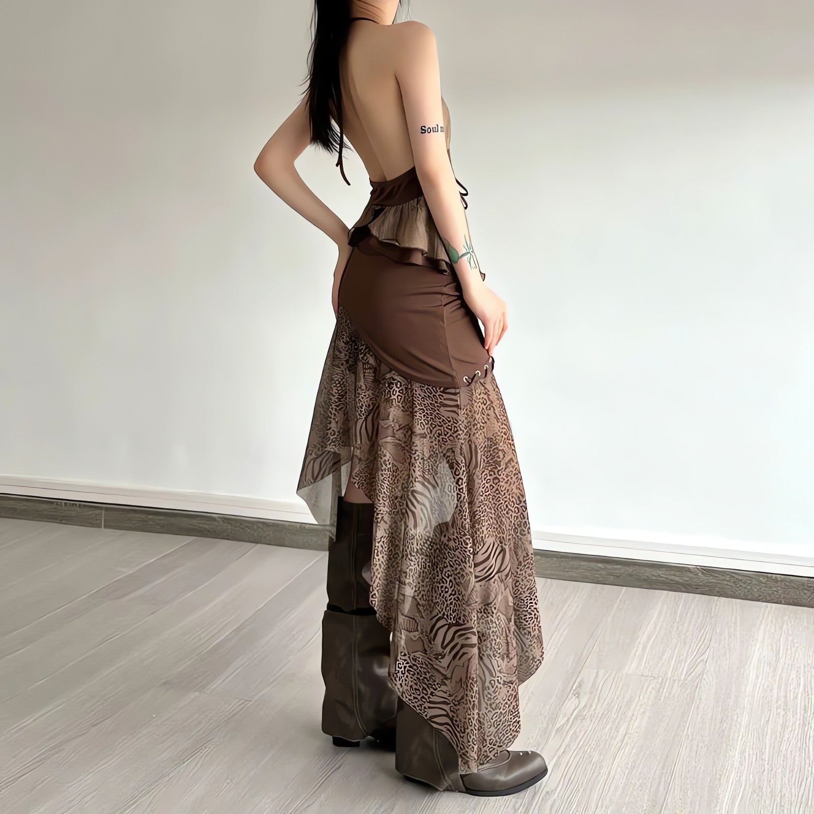 Boho Asymmetric Top & Leopard Midi Skirt Two Piece Set - KAYSMAR