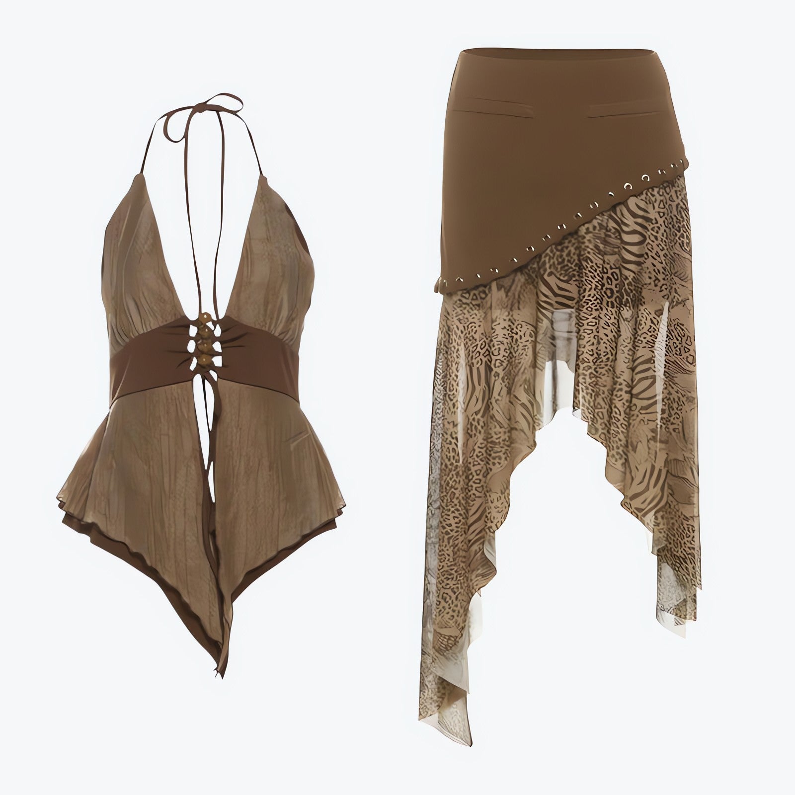 Boho Asymmetric Top & Leopard Midi Skirt Two Piece Set - KAYSMAR