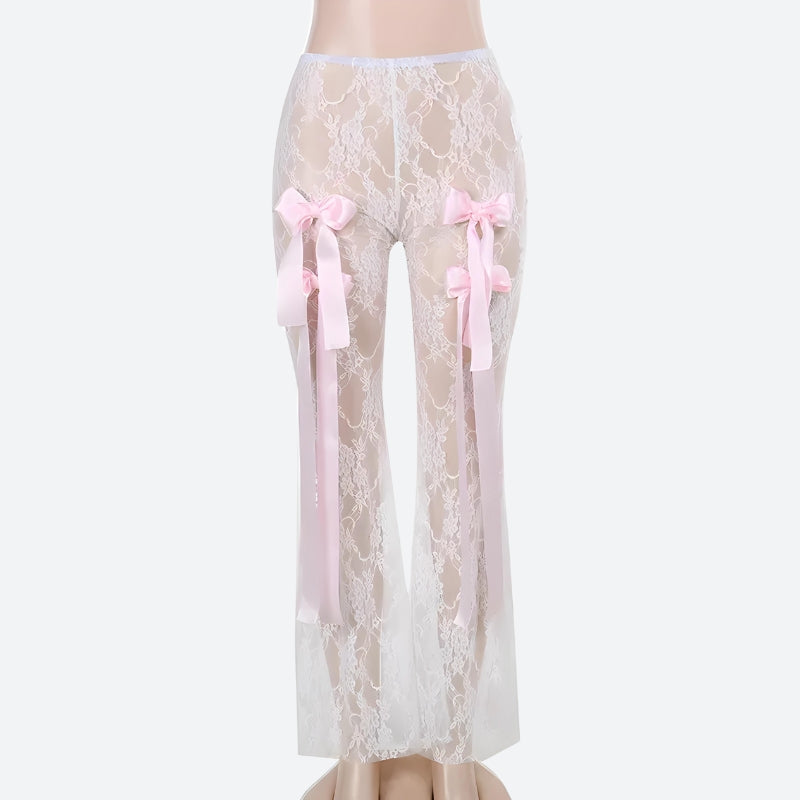 Bow Transparent Lace Flare Pants - KAYSMAR