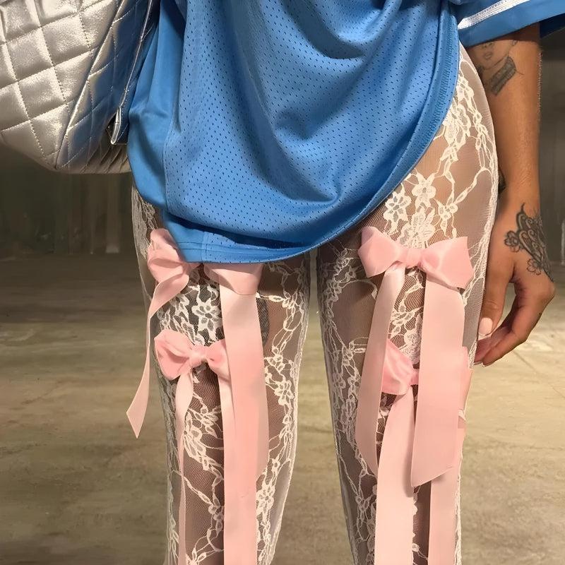 Bow Transparent Lace Flare Pants - KAYSMAR