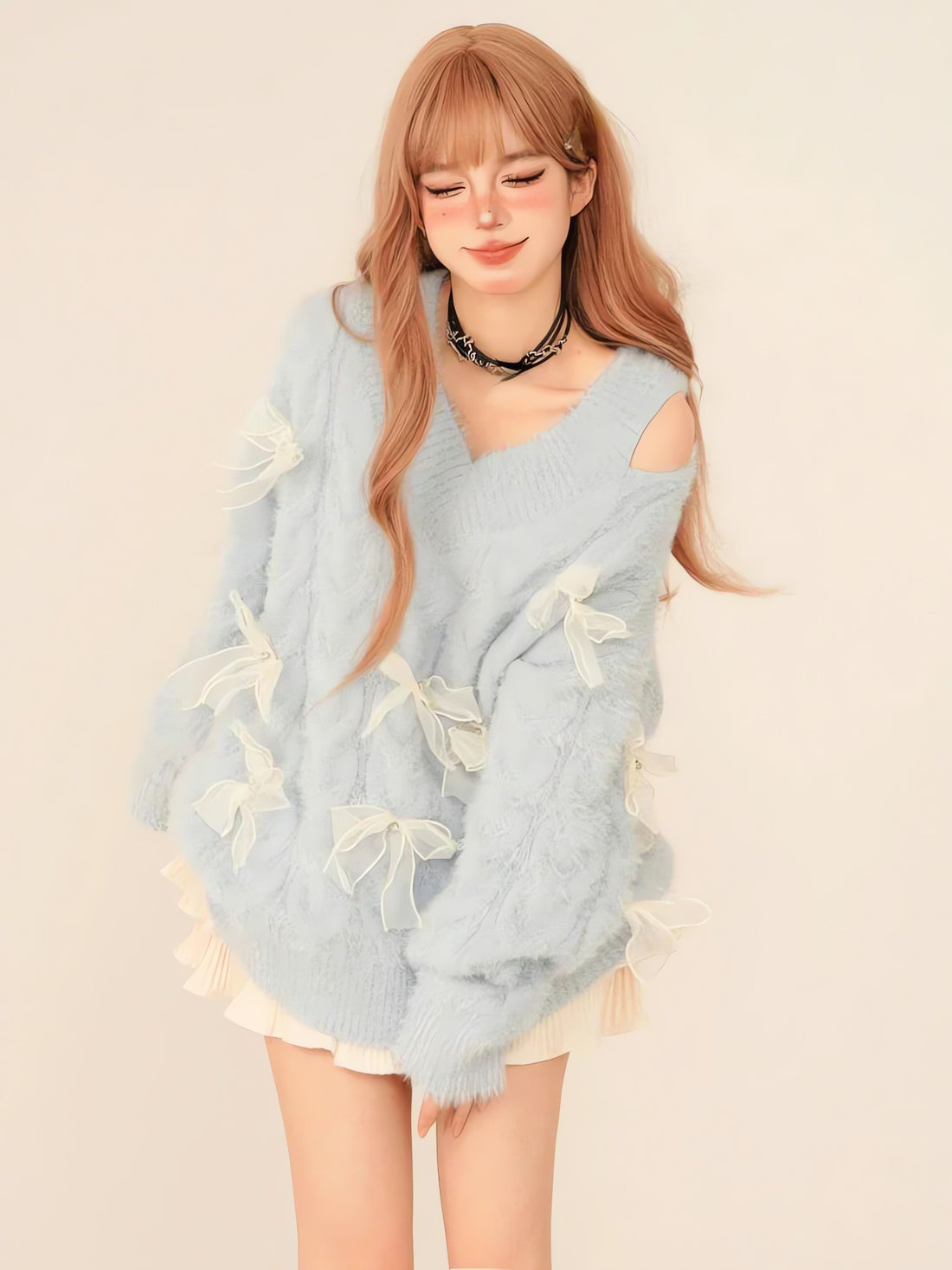 Bow Cut Out Fluffy Sweater - KAYSMAR