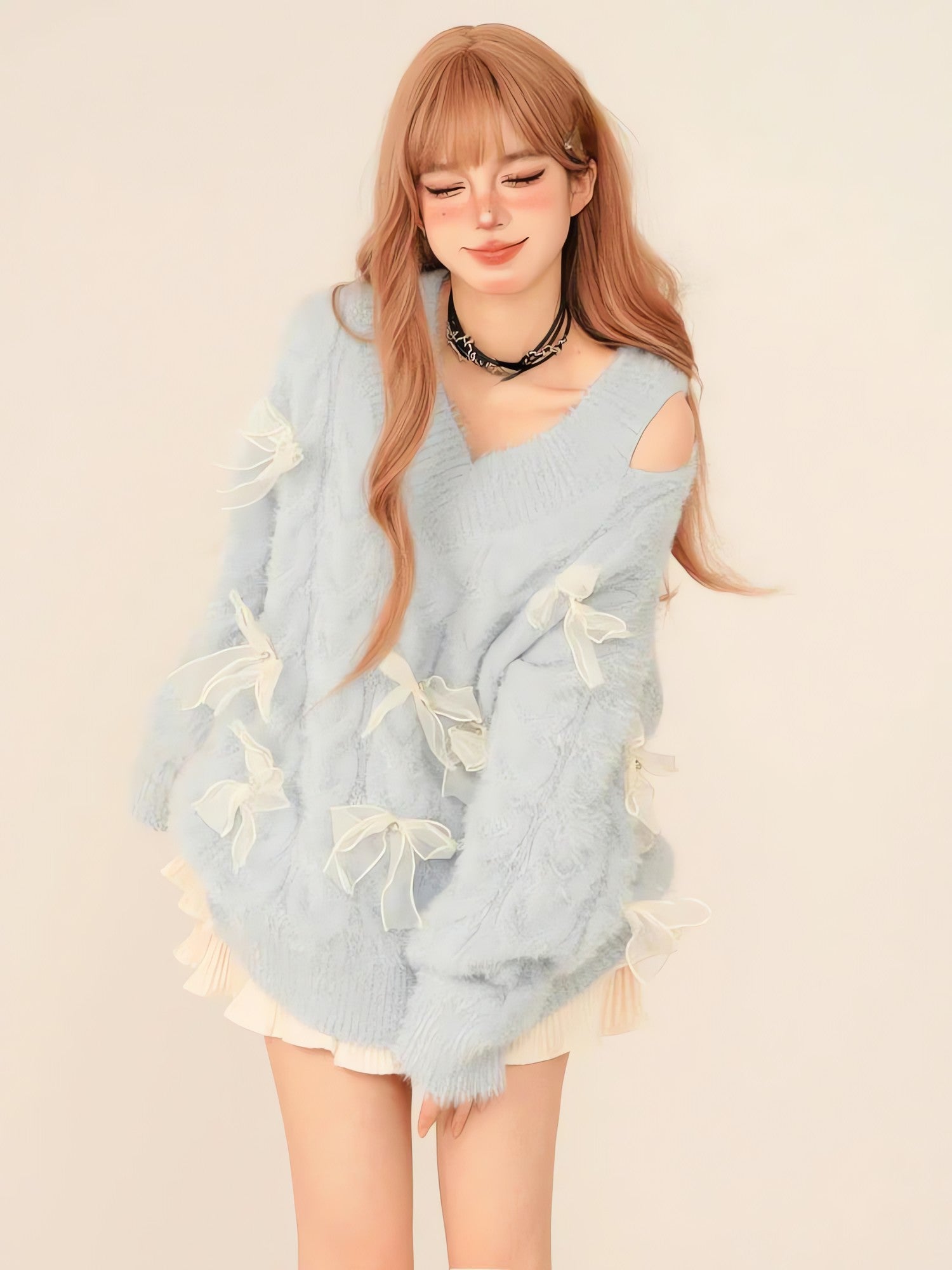 Bow Cut Out Fluffy Sweater - KAYSMAR