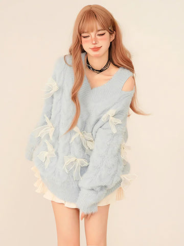 Bow Cut Out Fluffy Sweater - KAYSMAR
