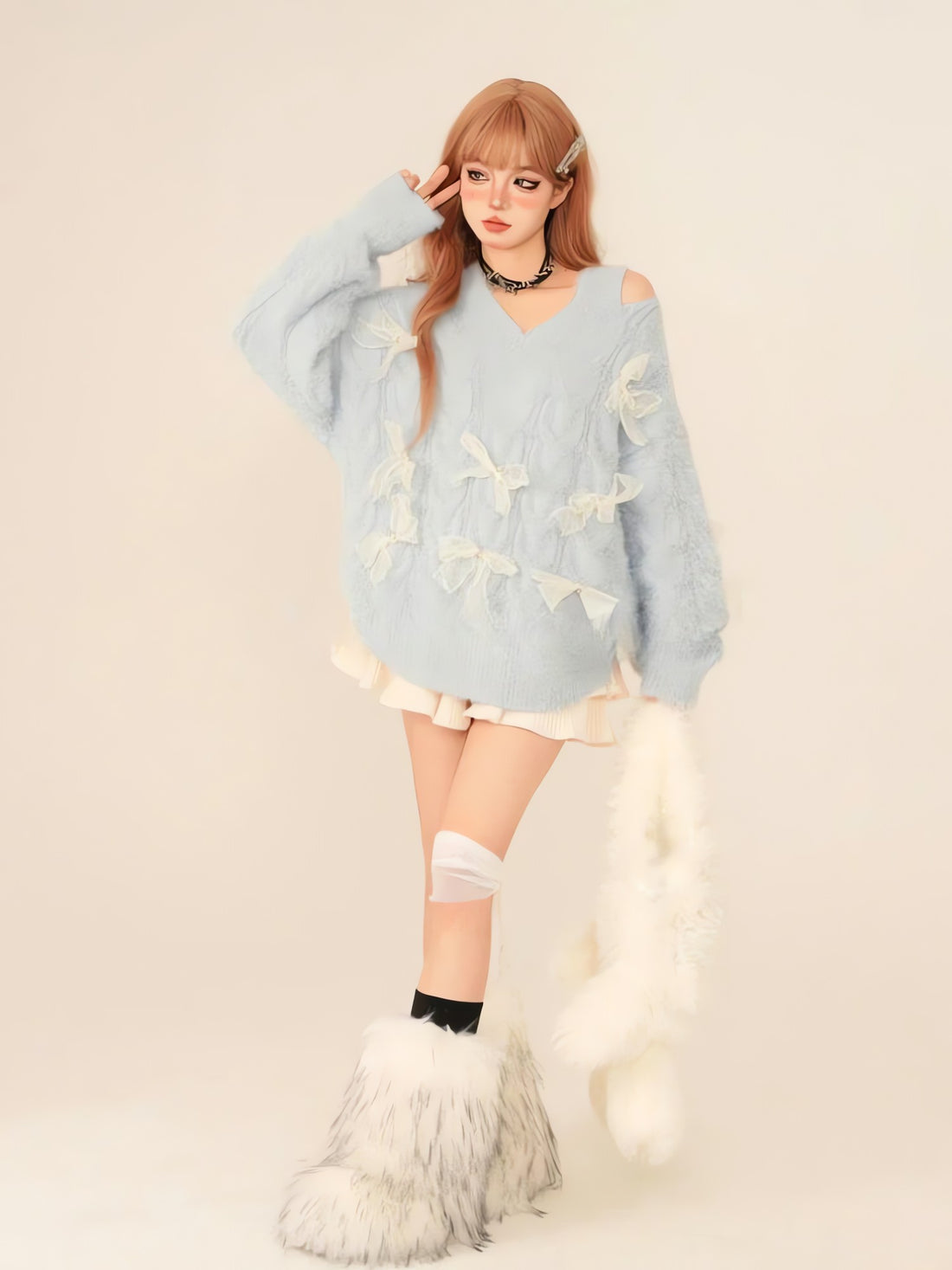 Bow Cut Out Fluffy Sweater - KAYSMAR