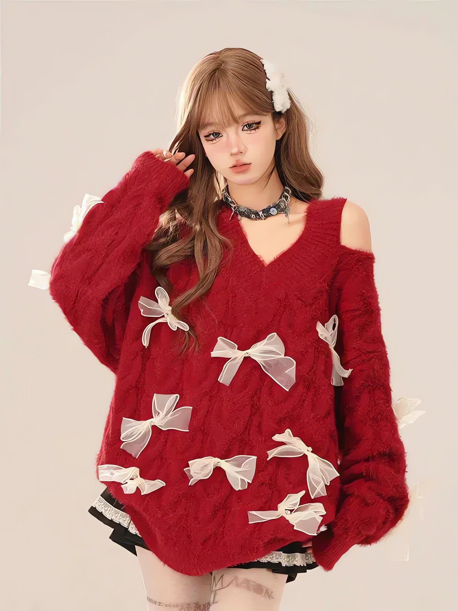 Bow Cut Out Fluffy Sweater - KAYSMAR