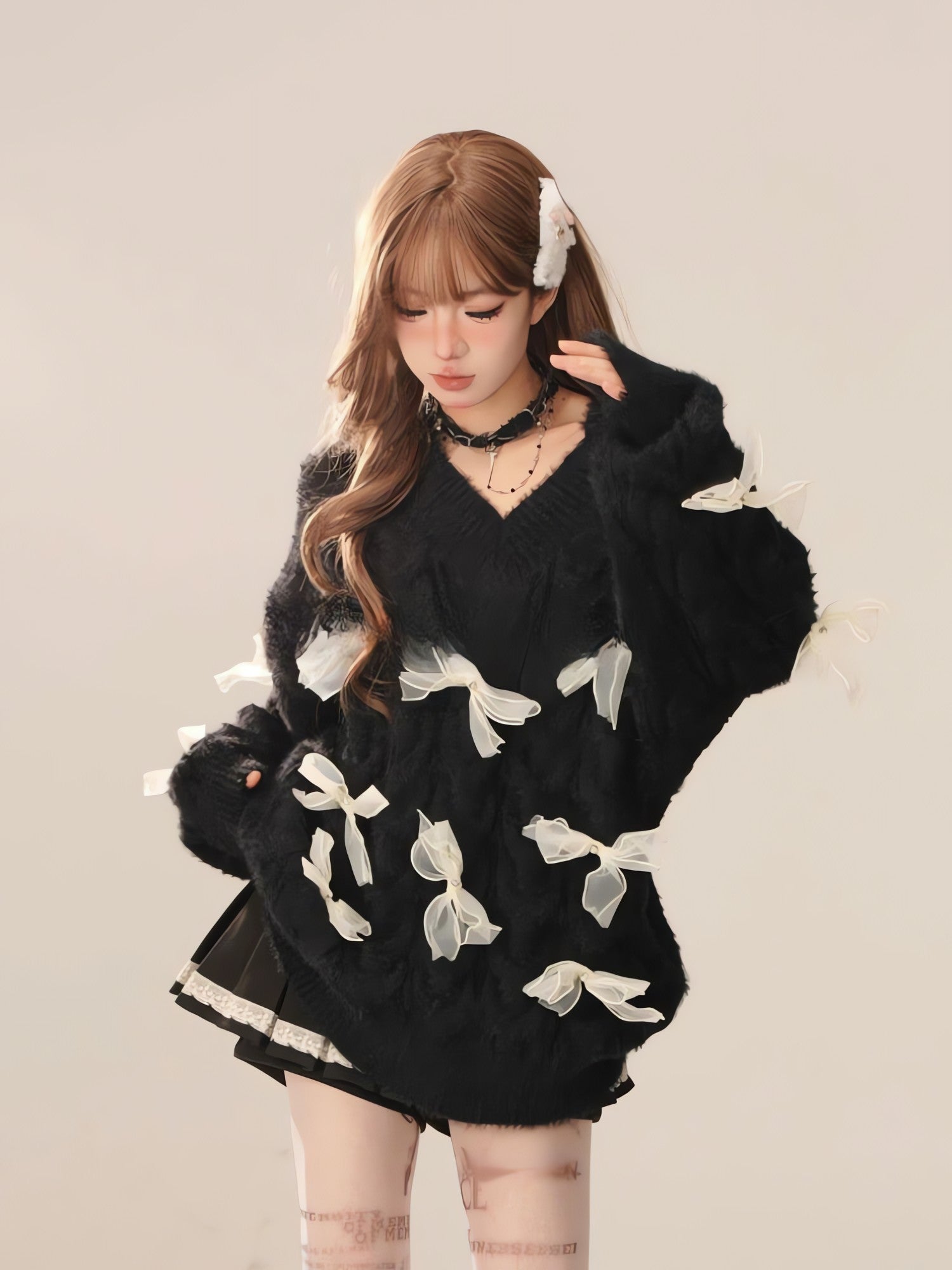 Bow Cut Out Fluffy Sweater - KAYSMAR