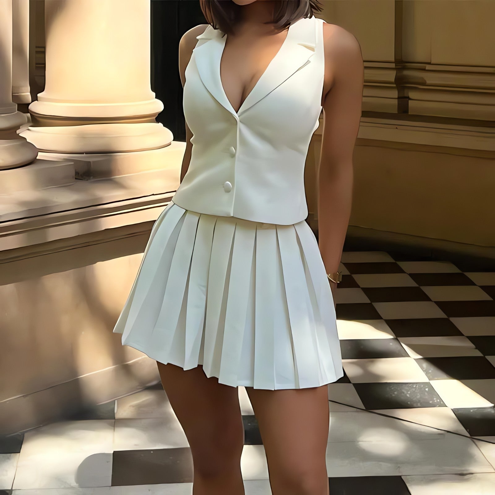 Button Up Top & Pleated Mini Skirt Two Piece Set - KAYSMAR