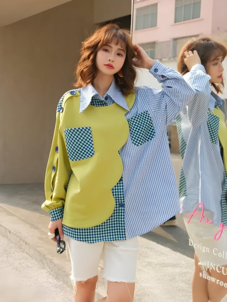 Buttoned Sleeved Patchwork Shirt - KAYSMAR