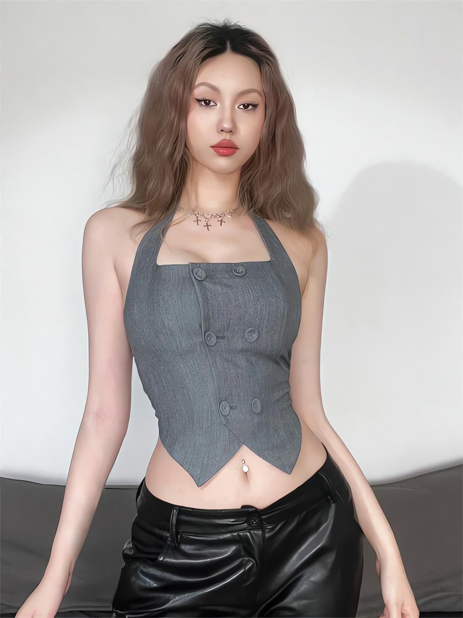 Buttoned Crop Halter Top - KAYSMAR