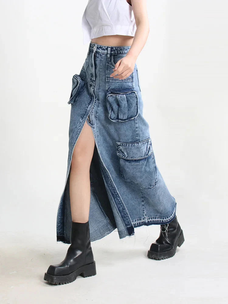 Cargo Split Denim Midi Skirt - KAYSMAR