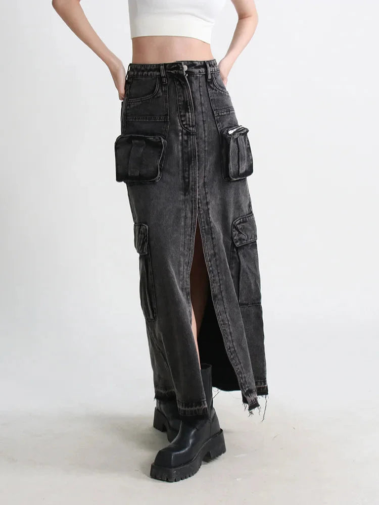 Cargo Split Denim Midi Skirt - KAYSMAR