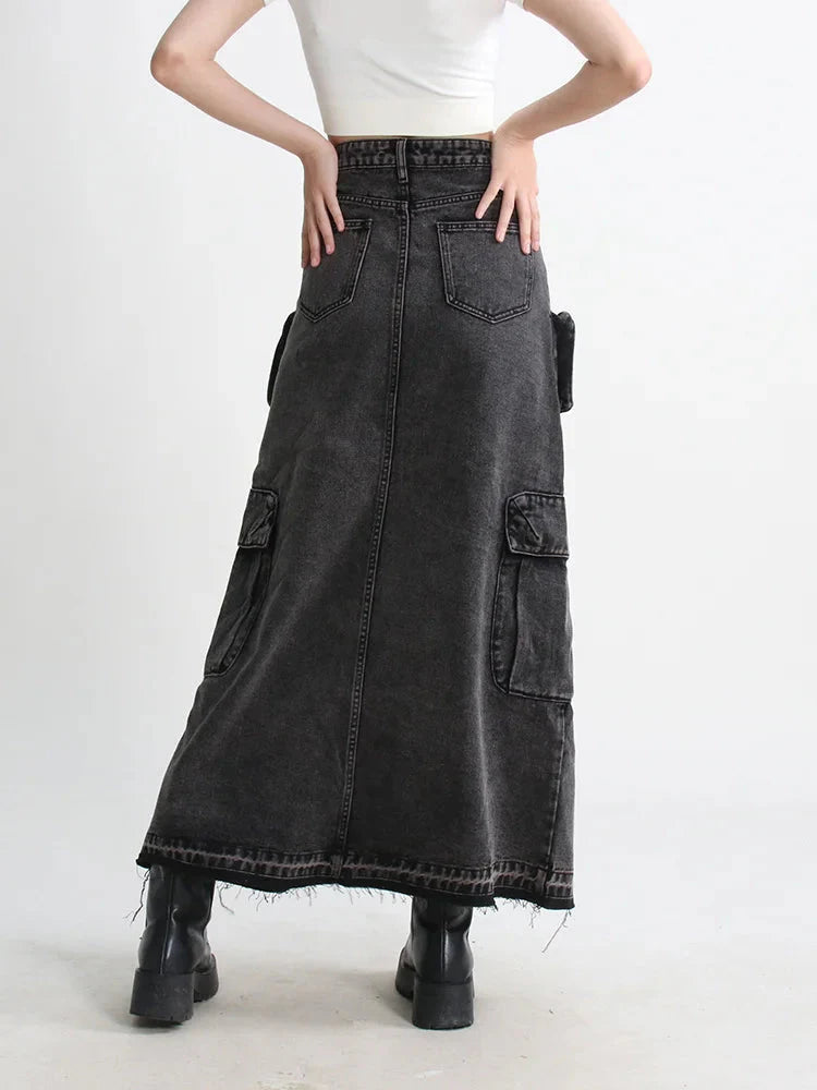 Cargo Split Denim Midi Skirt - KAYSMAR