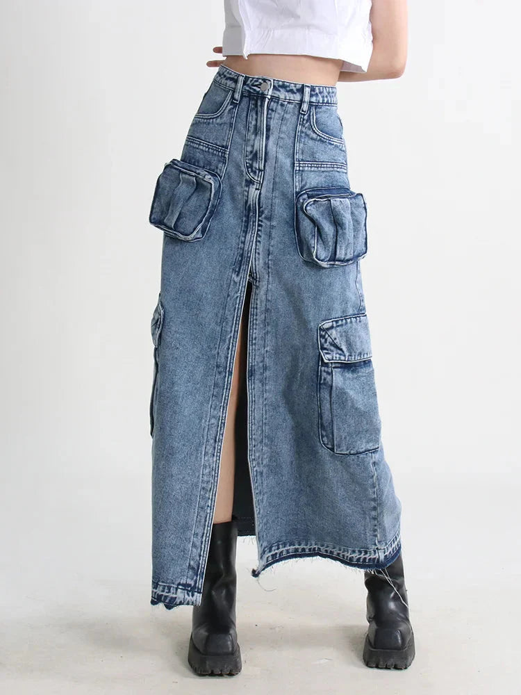 Cargo Split Denim Midi Skirt - KAYSMAR
