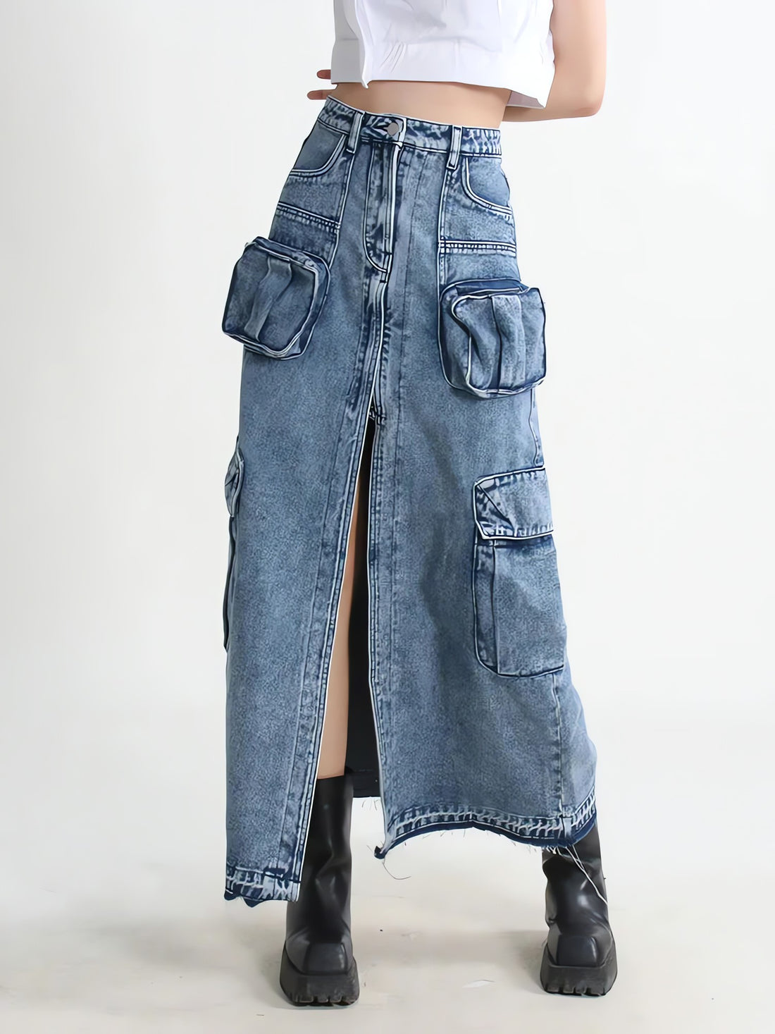 Cargo Split Denim Midi Skirt - KAYSMAR