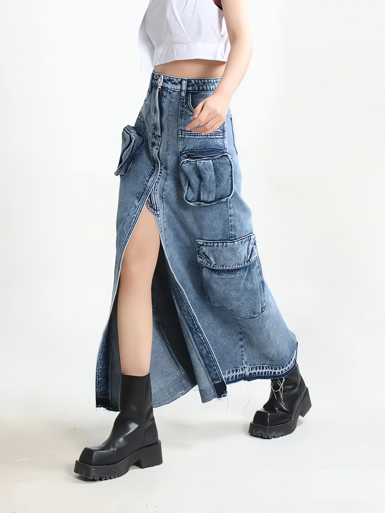 Cargo Split Denim Midi Skirt - KAYSMAR
