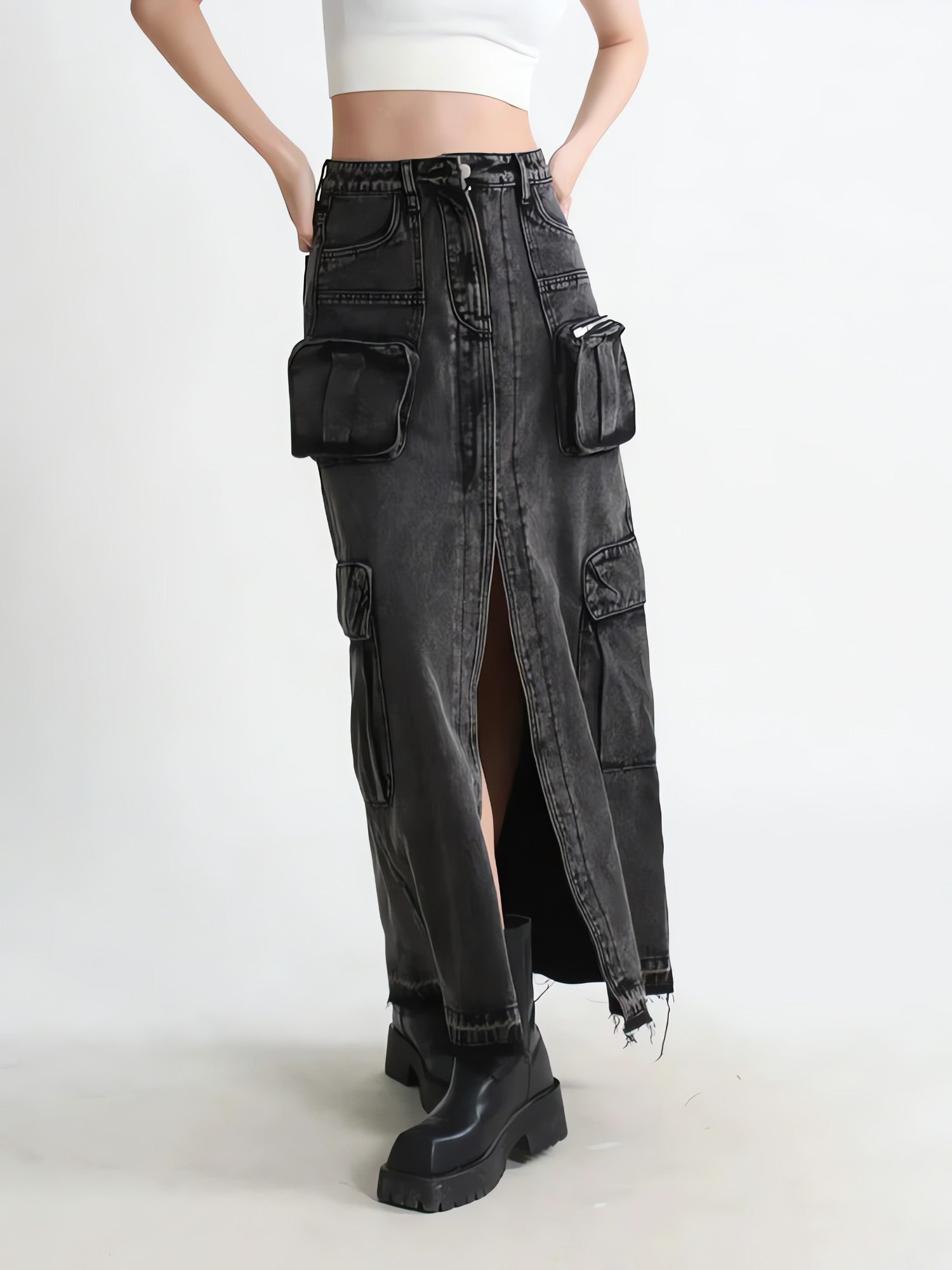 Cargo Split Denim Midi Skirt - KAYSMAR