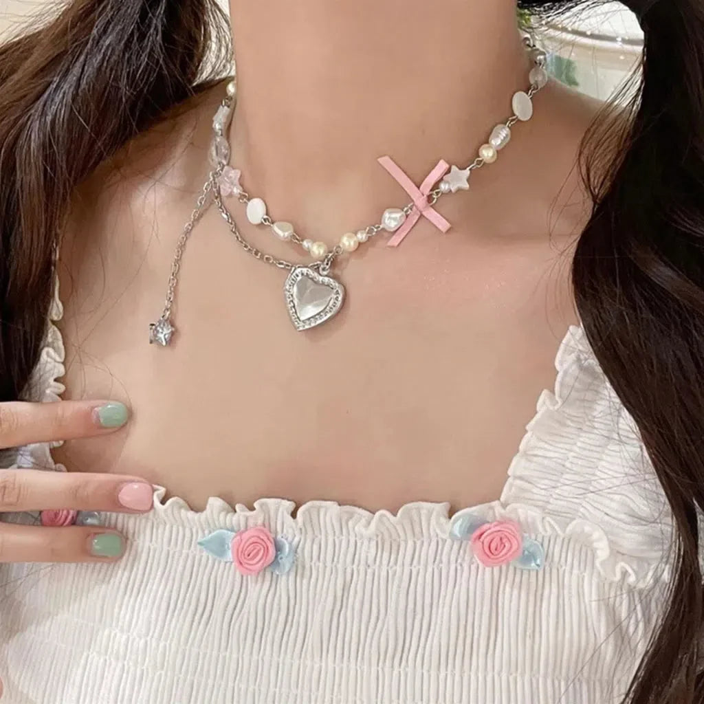 Coquette Heart Pearl Beaded Necklace - KAYSMAR