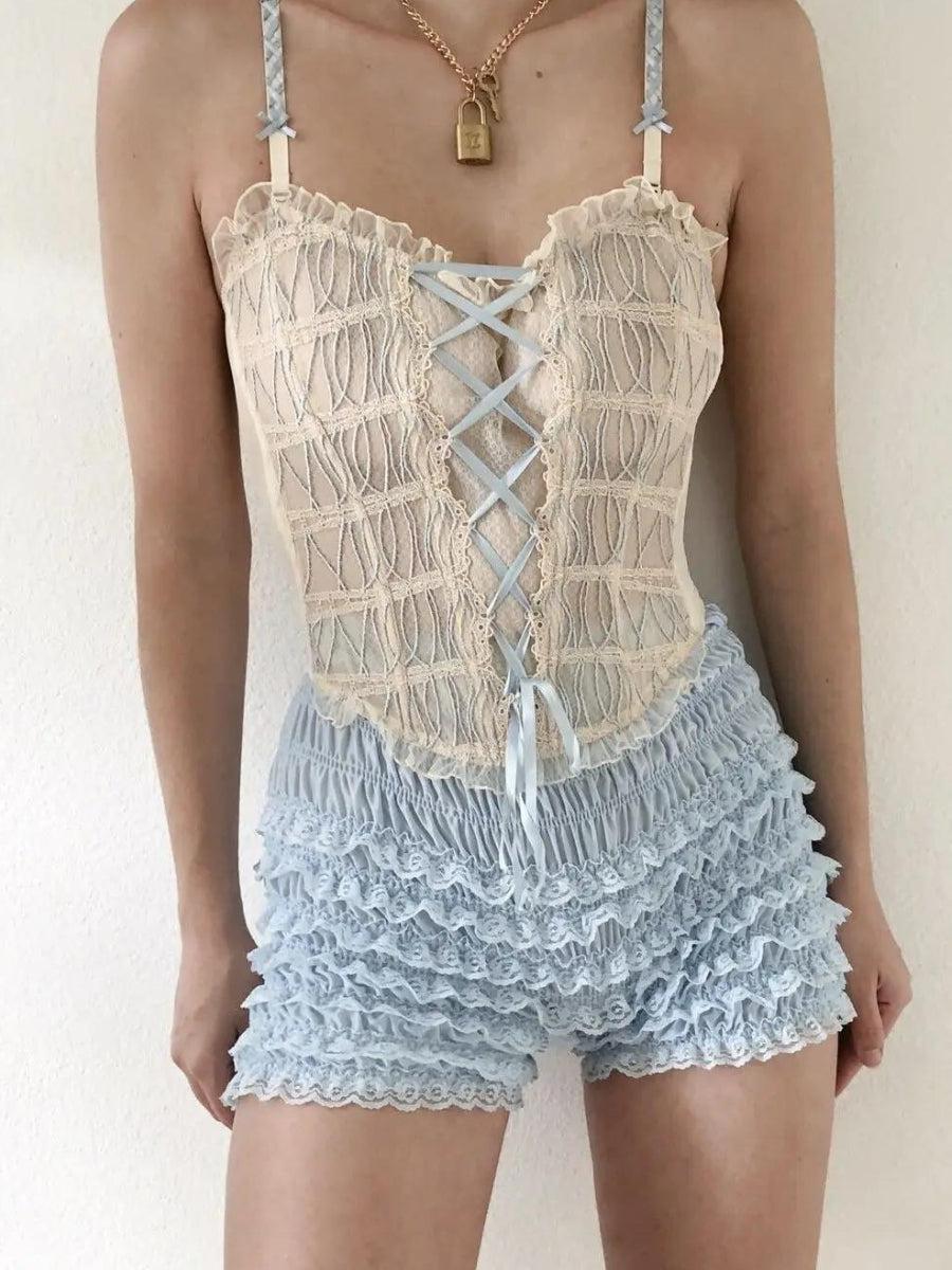 Coquette Lace Ruched Ruffled Shorts - KAYSMAR
