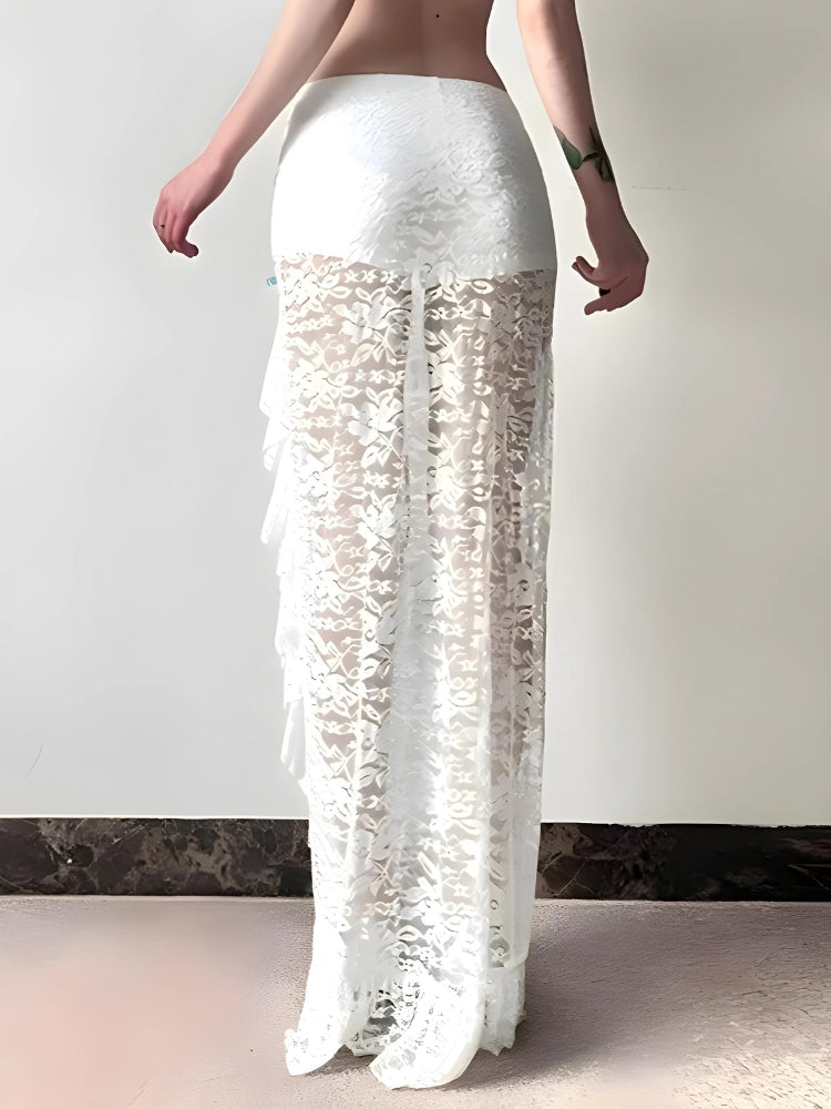 Coquette Lace Ruffled Slit Maxi Skirt - KAYSMAR