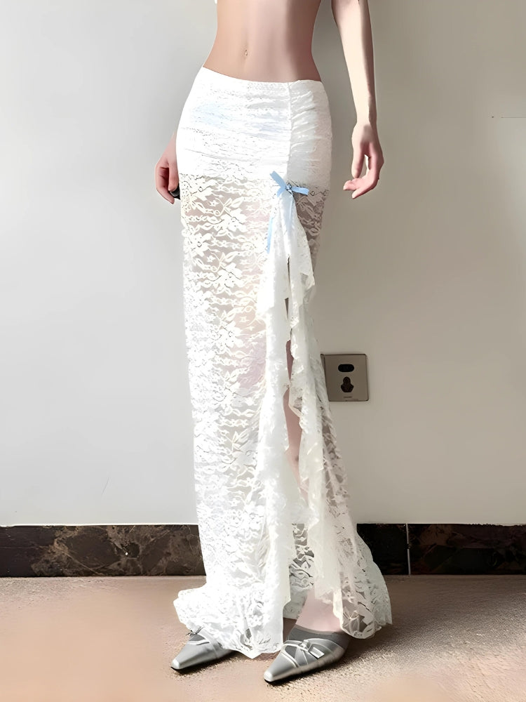 Coquette Lace Ruffled Slit Maxi Skirt - KAYSMAR