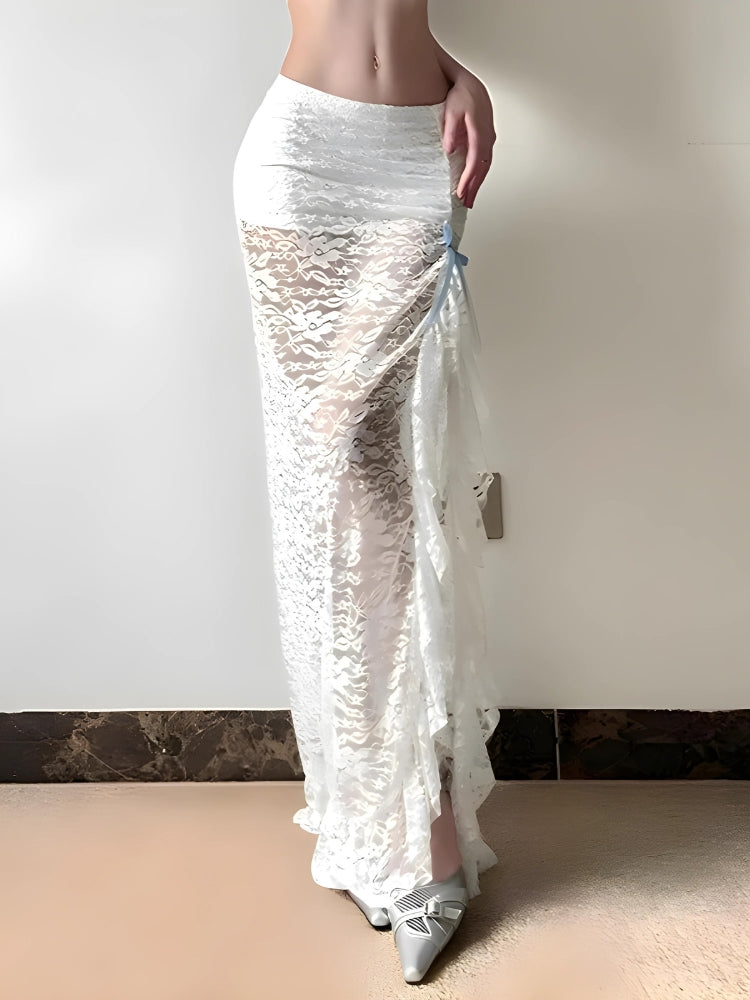 Coquette Lace Ruffled Slit Maxi Skirt - KAYSMAR