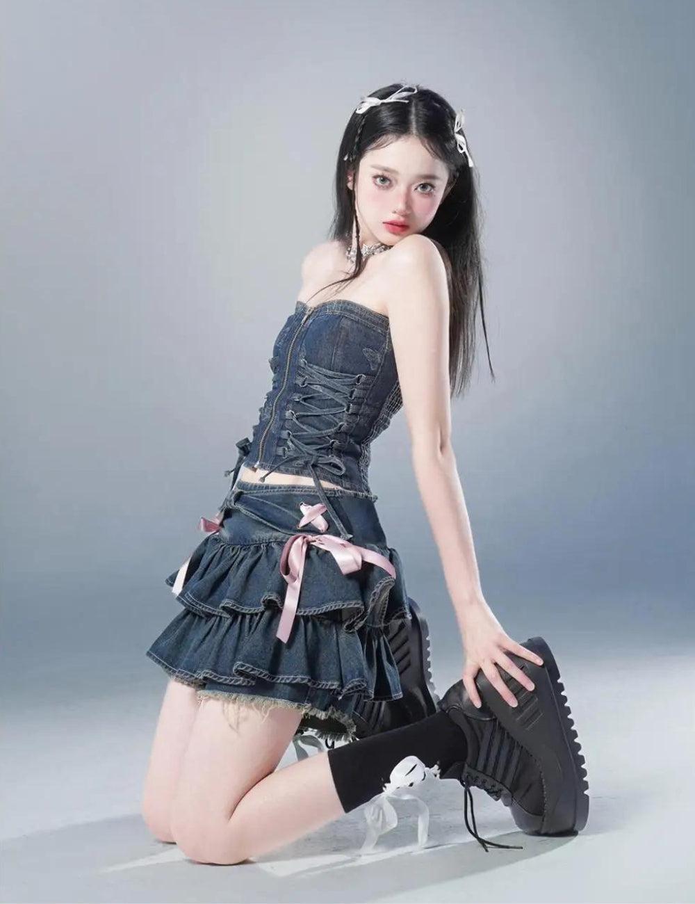 Coquette Low Rise Denim Mini Skort - KAYSMAR