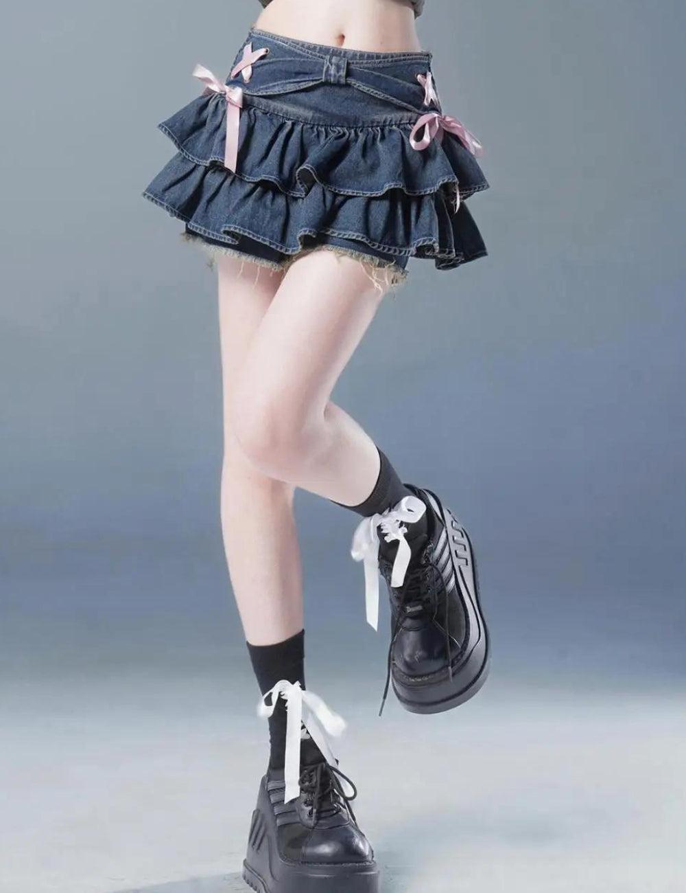 Coquette Low Rise Denim Mini Skort - KAYSMAR