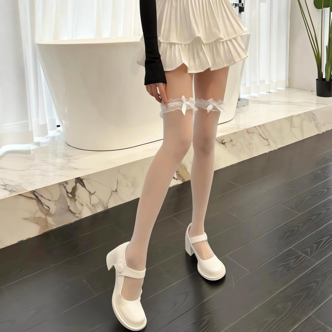 Coquette Bow Ruffled Thigh High Socks - KAYSMAR