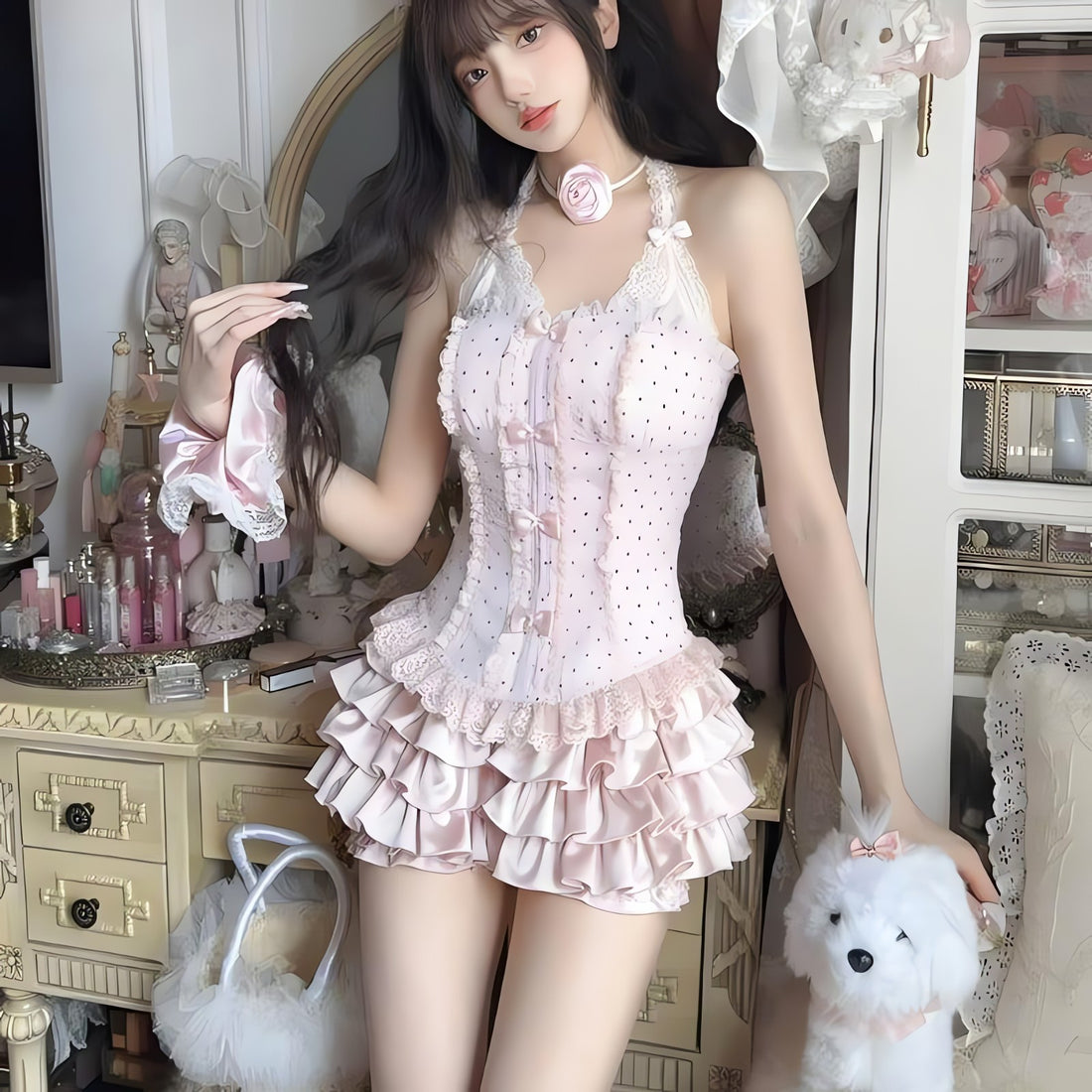 Coquette Corset Top & Ruffled Mini Skirt Two Piece Set - KAYSMAR