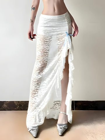 Coquette Lace Ruffled Slit Maxi Skirt - KAYSMAR