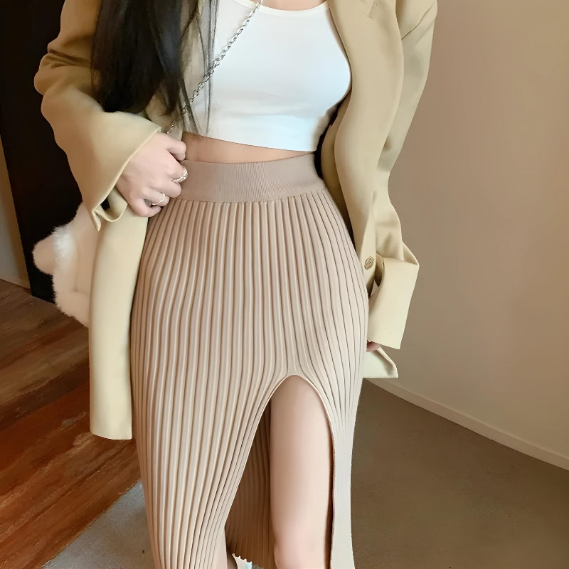 Corduroy Knitted Split Midi Skirt - KAYSMAR
