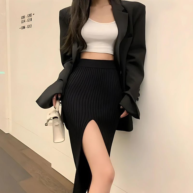 Corduroy Knitted Split Midi Skirt - KAYSMAR