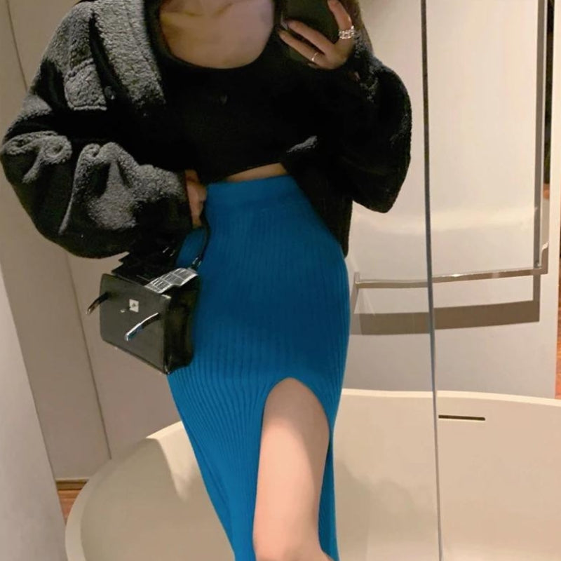 Corduroy Knitted Split Midi Skirt - KAYSMAR