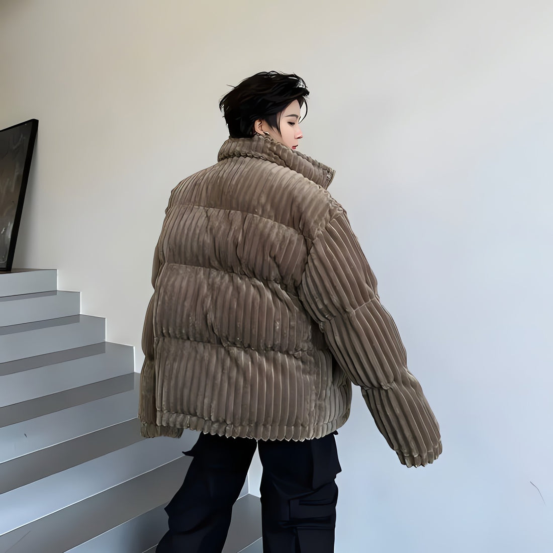 Corduroy Buttoned Puffer Jacket - KAYSMAR