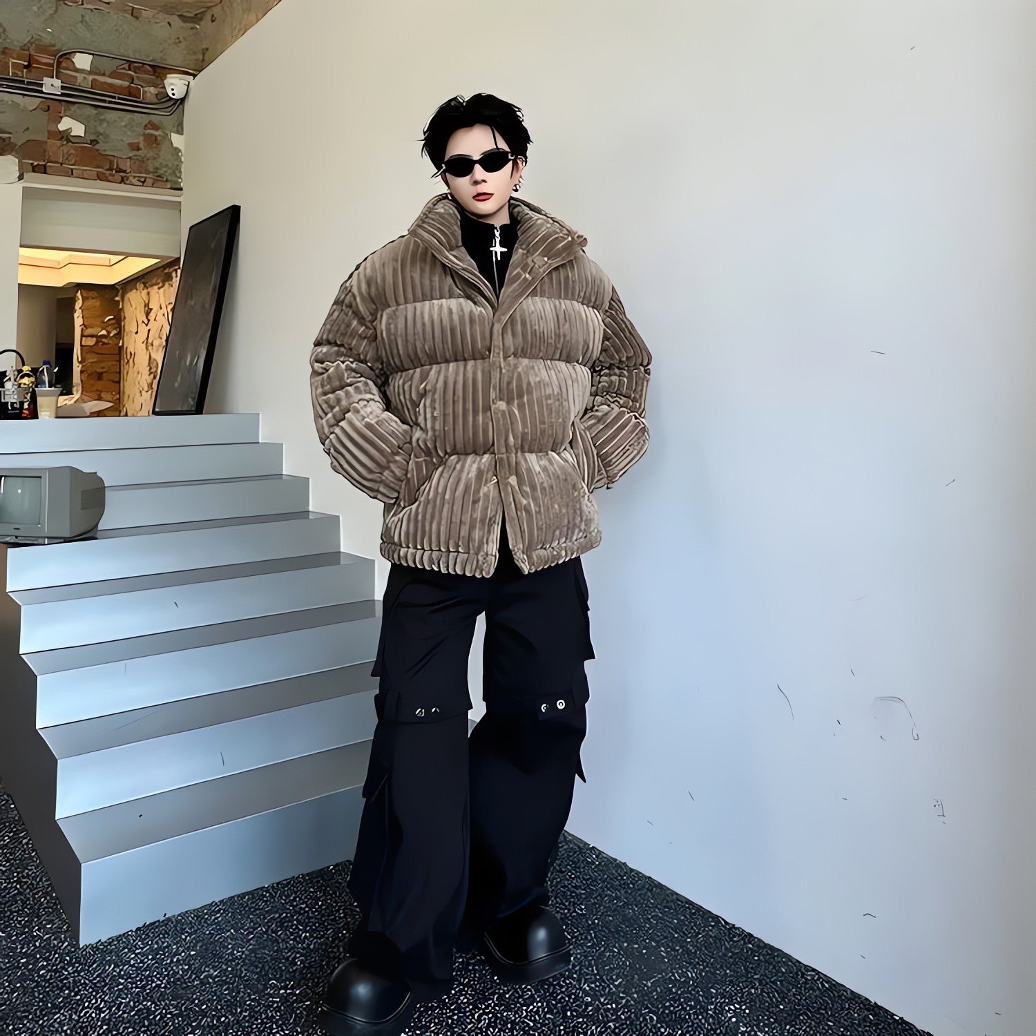 Corduroy Buttoned Puffer Jacket - KAYSMAR