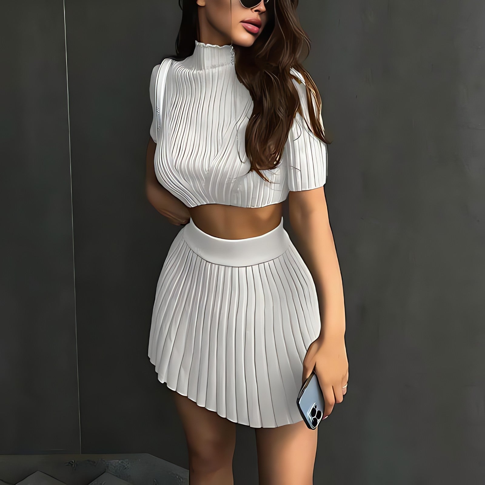 Corduroy Knitted Crop Top & Mini Skirt Two Piece Set - KAYSMAR