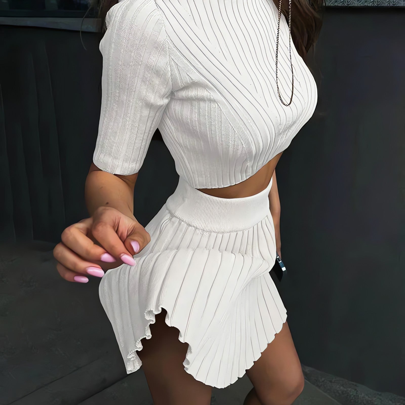 Corduroy Knitted Crop Top & Mini Skirt Two Piece Set - KAYSMAR