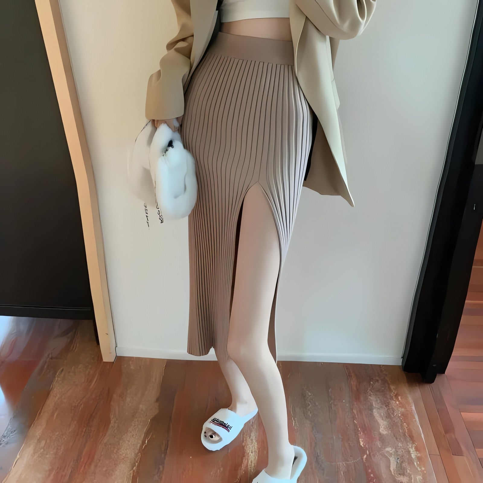 Corduroy Knitted Split Midi Skirt - KAYSMAR