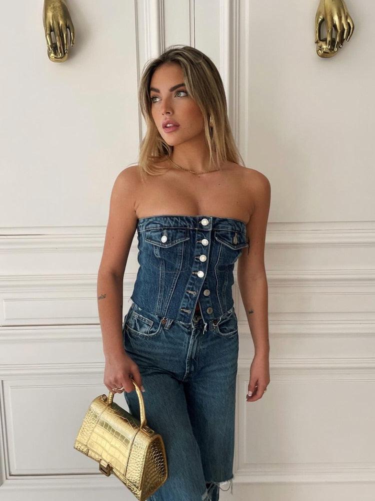 Cowgirl Button Up Denim Tube Top - KAYSMAR
