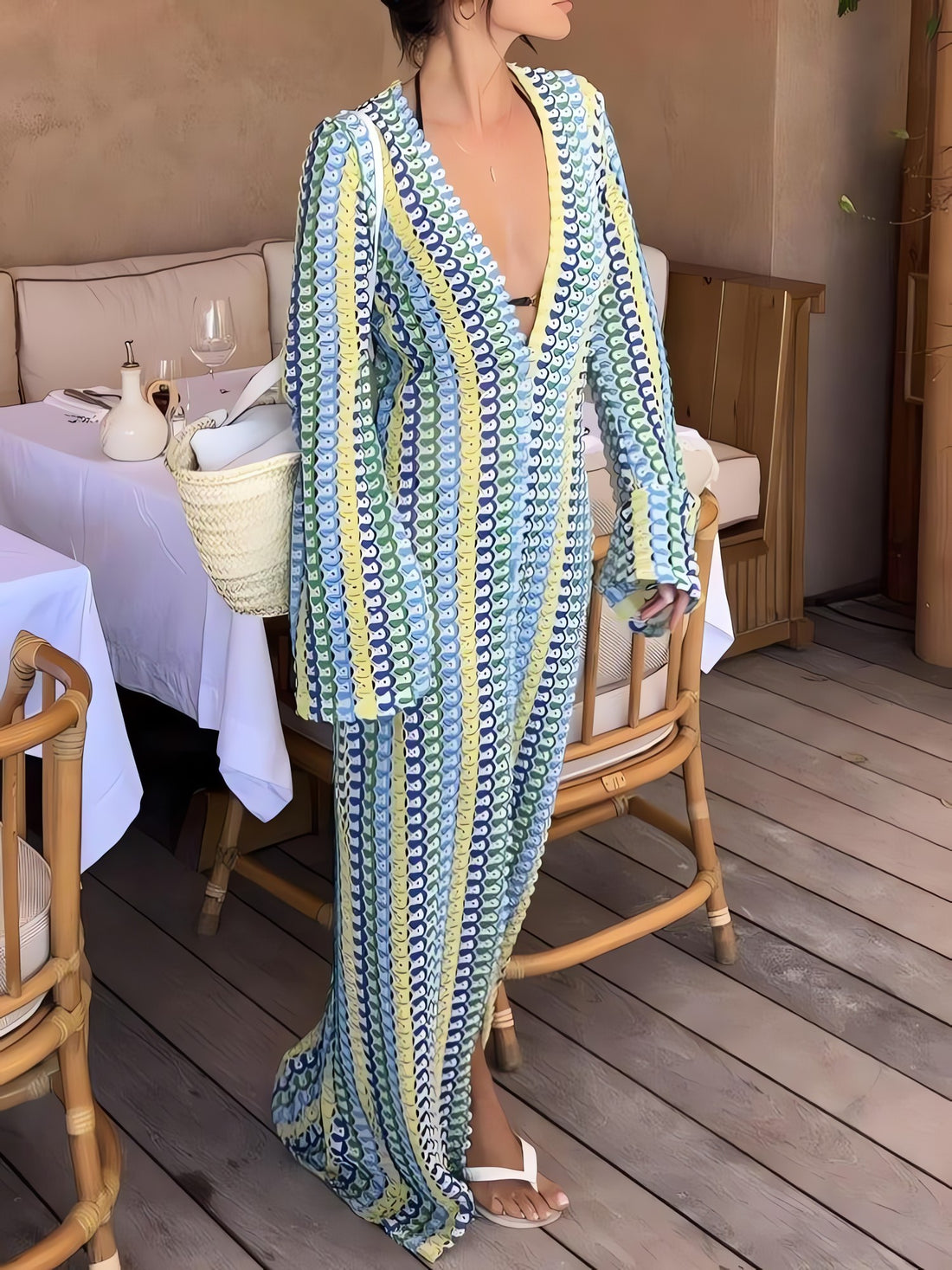 Crochet Striped Plunge Neck Maxi Dress - KAYSMAR
