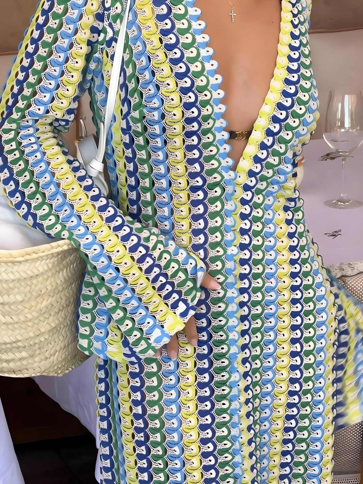 Crochet Striped Plunge Neck Maxi Dress - KAYSMAR