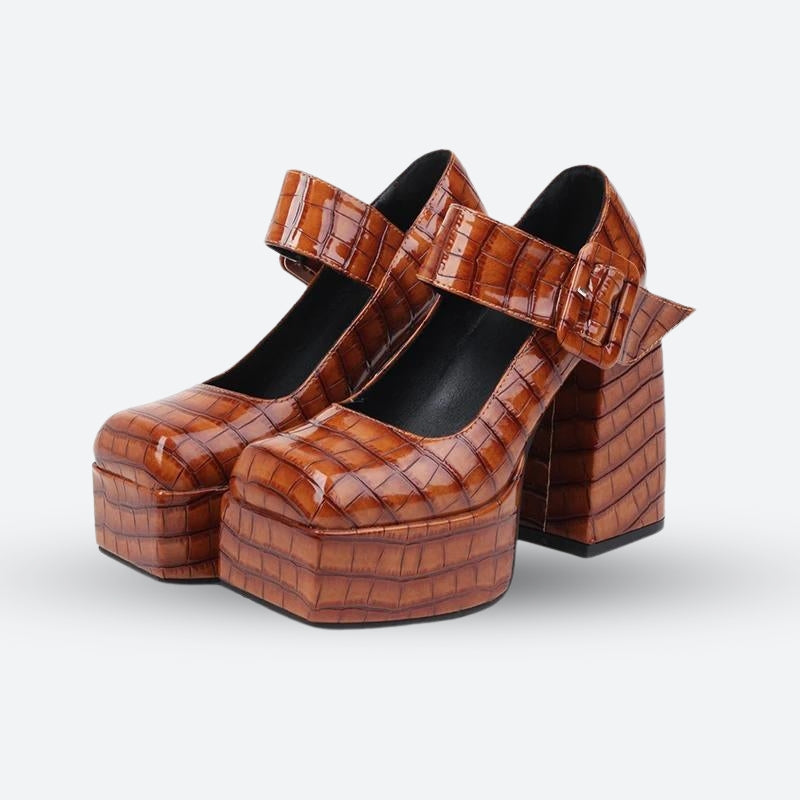 Crocodile Square Toe Platform High Heels - KAYSMAR